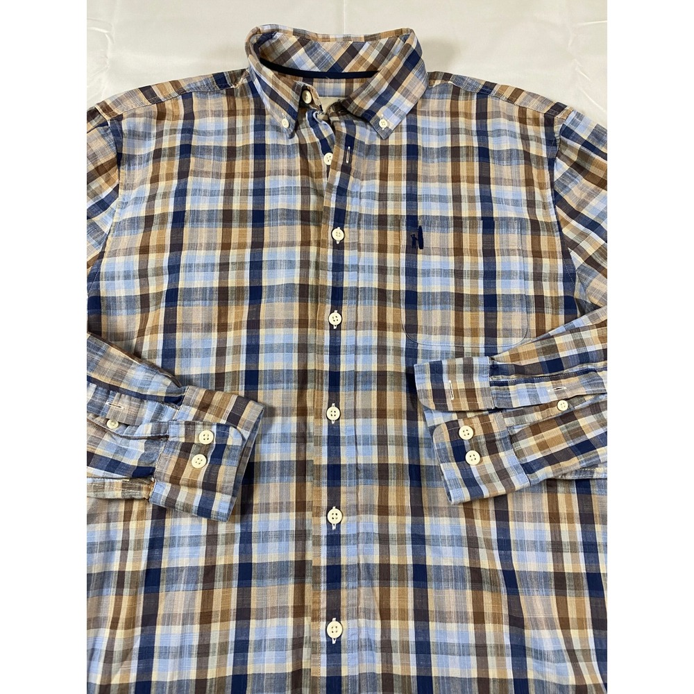 johnnie-O‎ Hangin Out Mens Medium Blue Tan Plaid 100% Cotton Button Down Shirt